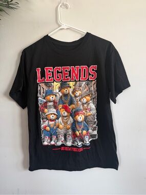 Hustle Gang Black Tee with Multicolor Teddy Bear 'LEGENDS' Graphic